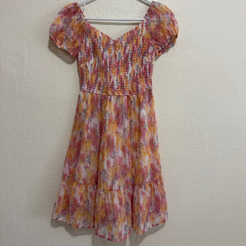 Jessica‎ Simpson Floral Smocked Mini Dress Pink Yellow Puff Sleeve XS